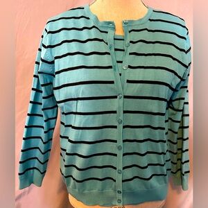 EUC Studio G size large with shell & matching button down sweater in aqua strip